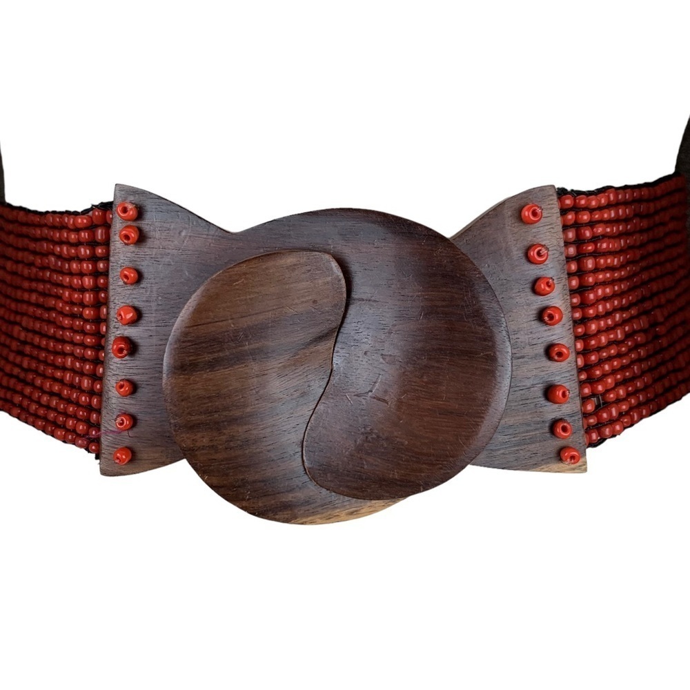 Rust Color Beaded Belt Gorgeous Intricately Hand Carved Walnut Wood Belt Buckle